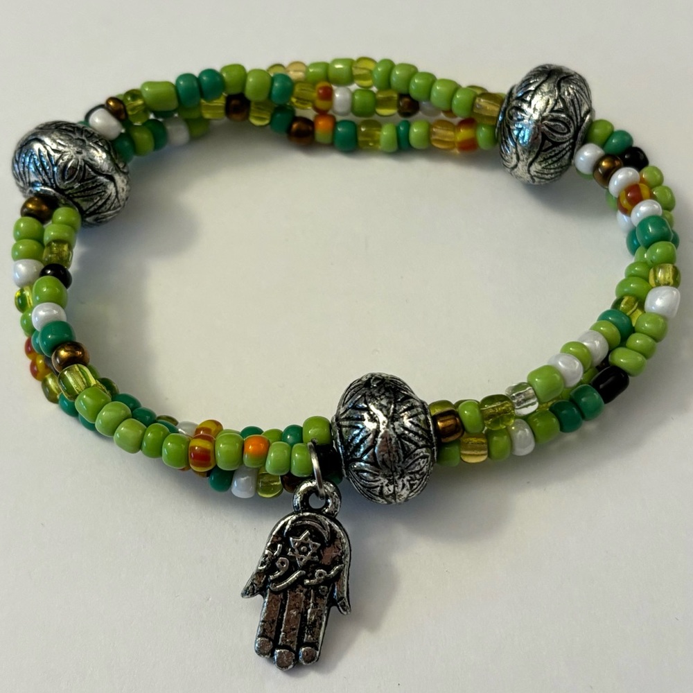 Hamsa Multi-strand Green & Silver Multicolor Beaded Stretch Bracelet